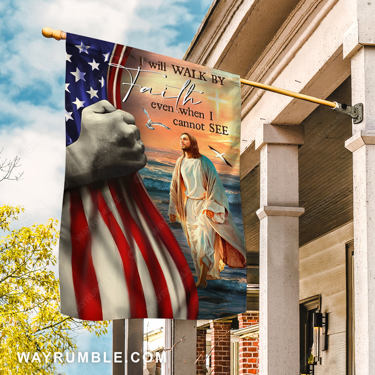 Jesus walk on water, Orange sunset, US flag, I will walk by faith - Jesus Flag