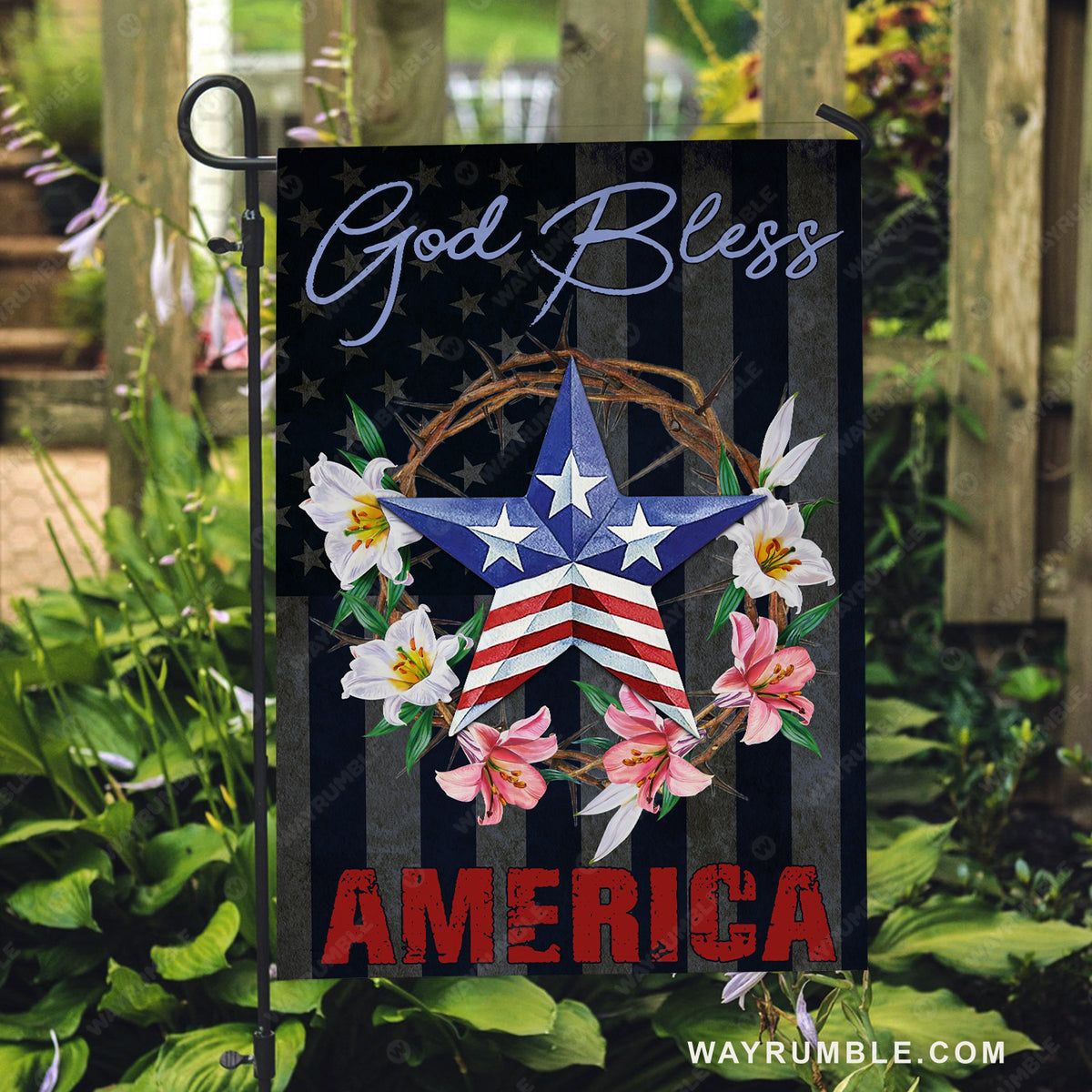 Beautiful star, Flower wreath, US flag, God bless America - Jesus Flag