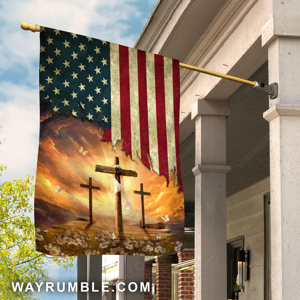 Three wooden crosses, Heaven light, Daisy flowers, USA flag - Jesus Flag