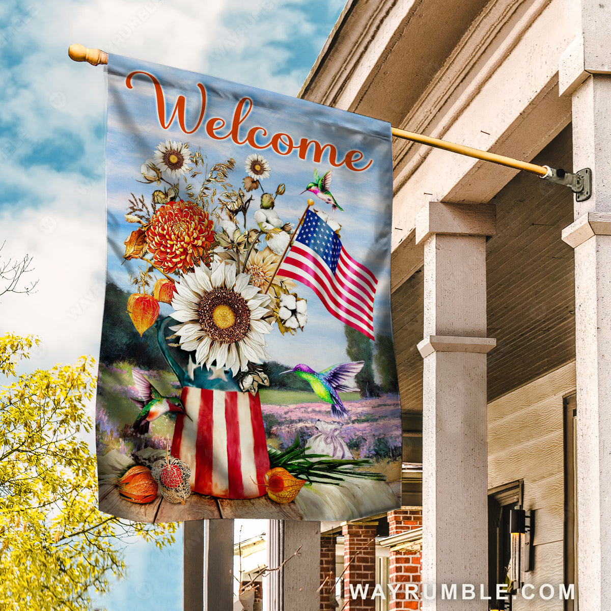 Vintage flower vase, Beautiful hummingbird, US flag painting, Welcome - Jesus Flag