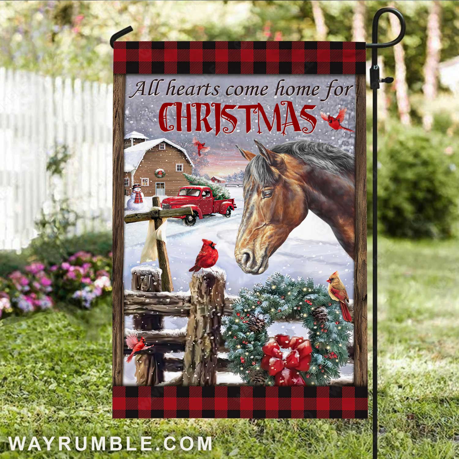 Horse drawing, Christmas wreath, Beautiful night, All hearts come home for Christmas - Jesus Flag