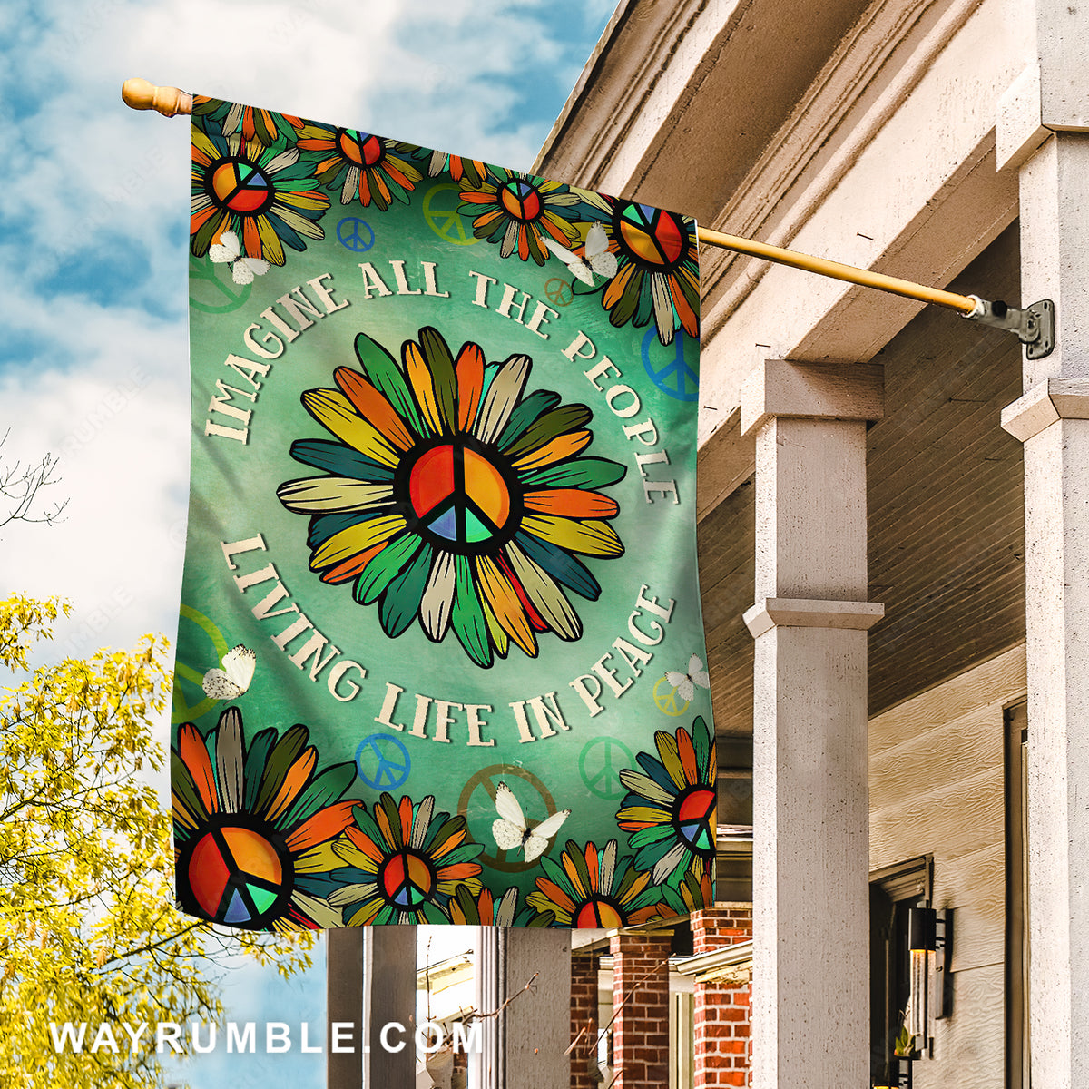 Hippie vibe, Colorful flower, Imagine all the people living life in peace - Jesus Flag