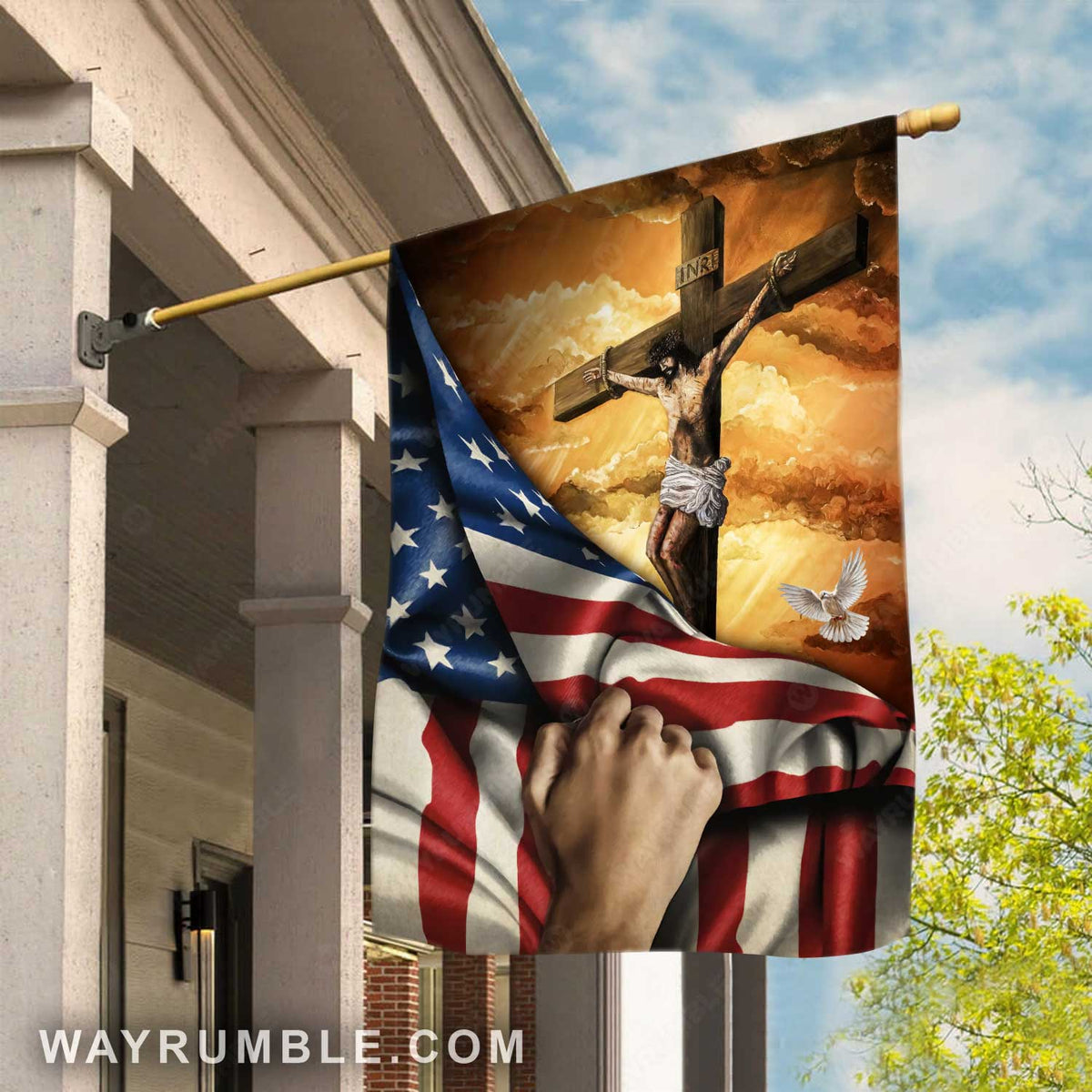 Stunning sunset, Jesus on the cross, Beautiful US flag, Dove symbol - Jesus Flag