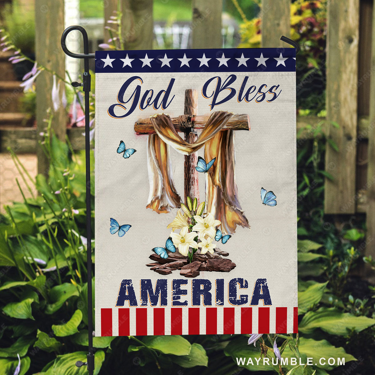 Lily flower drawing, Wooden cross, Blue butterfly, God bless America - Jesus Flag