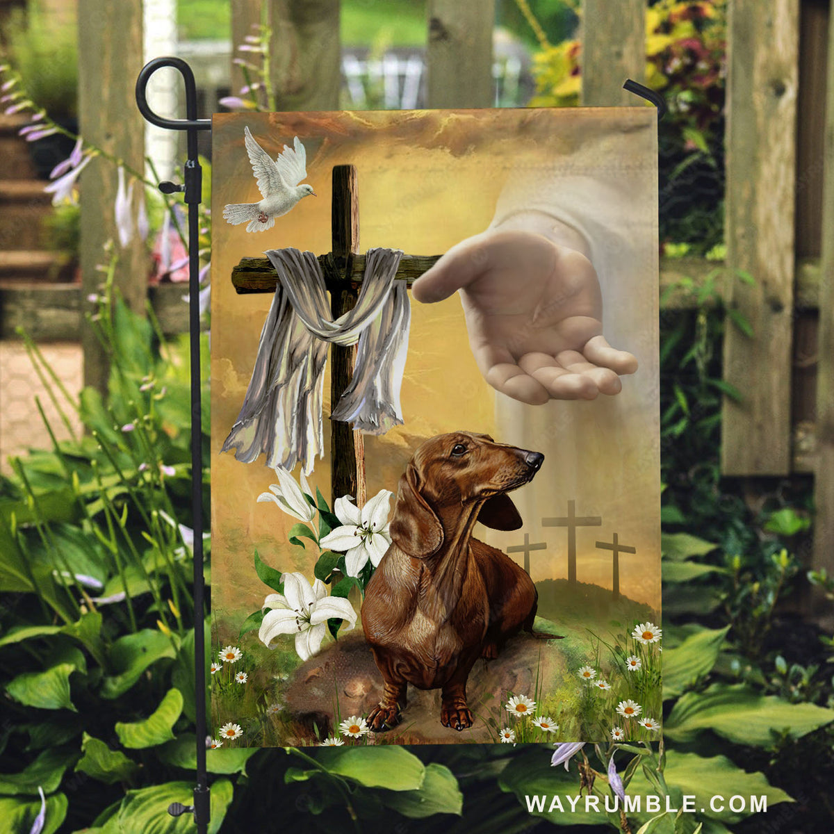 Dachshund dog, Jesus hand, Heaven sky, Easter cross, White lily - Jesus Flag