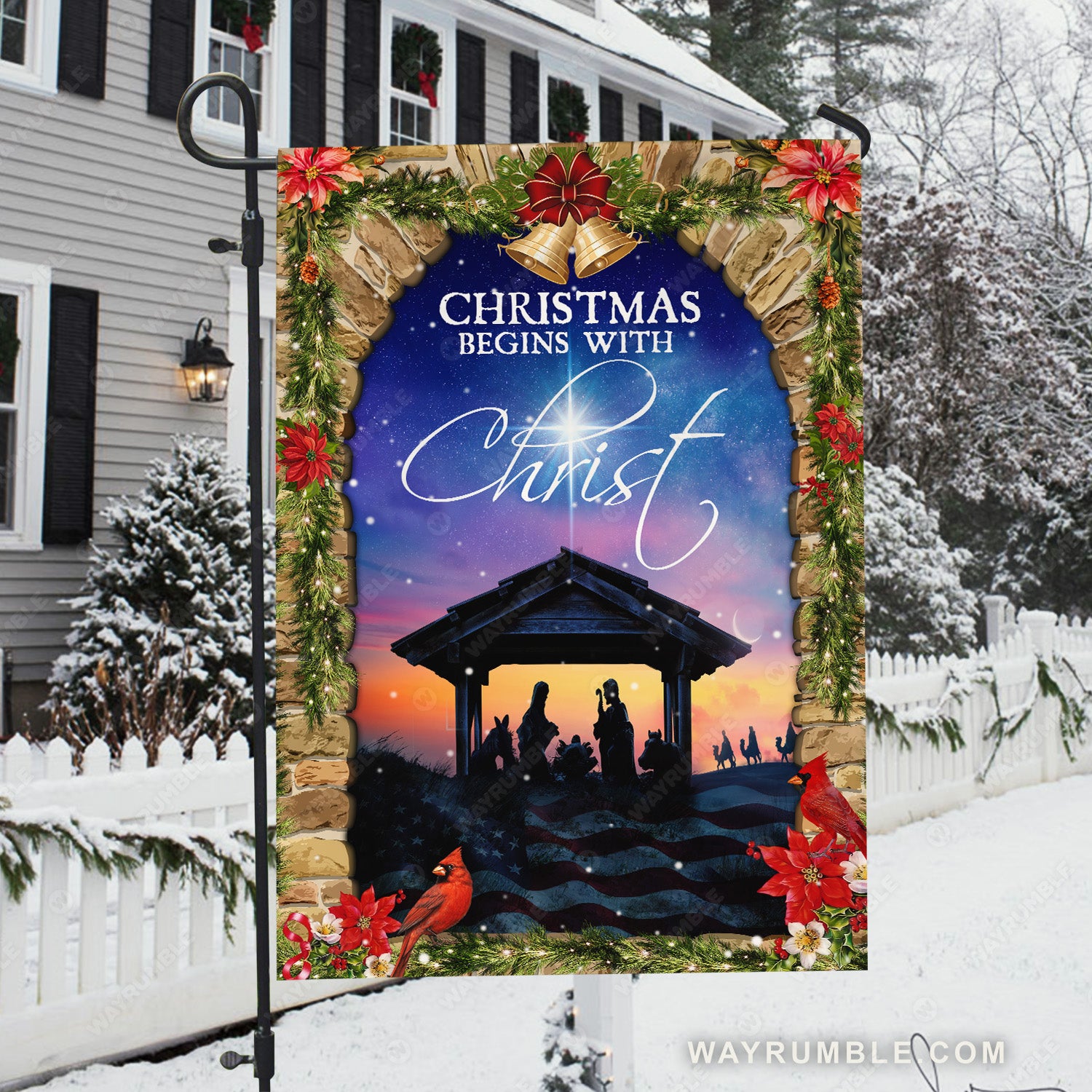 Christmas night, Jesus was born, Christmas bells, Christmas begins with Christ - Jesus Flag