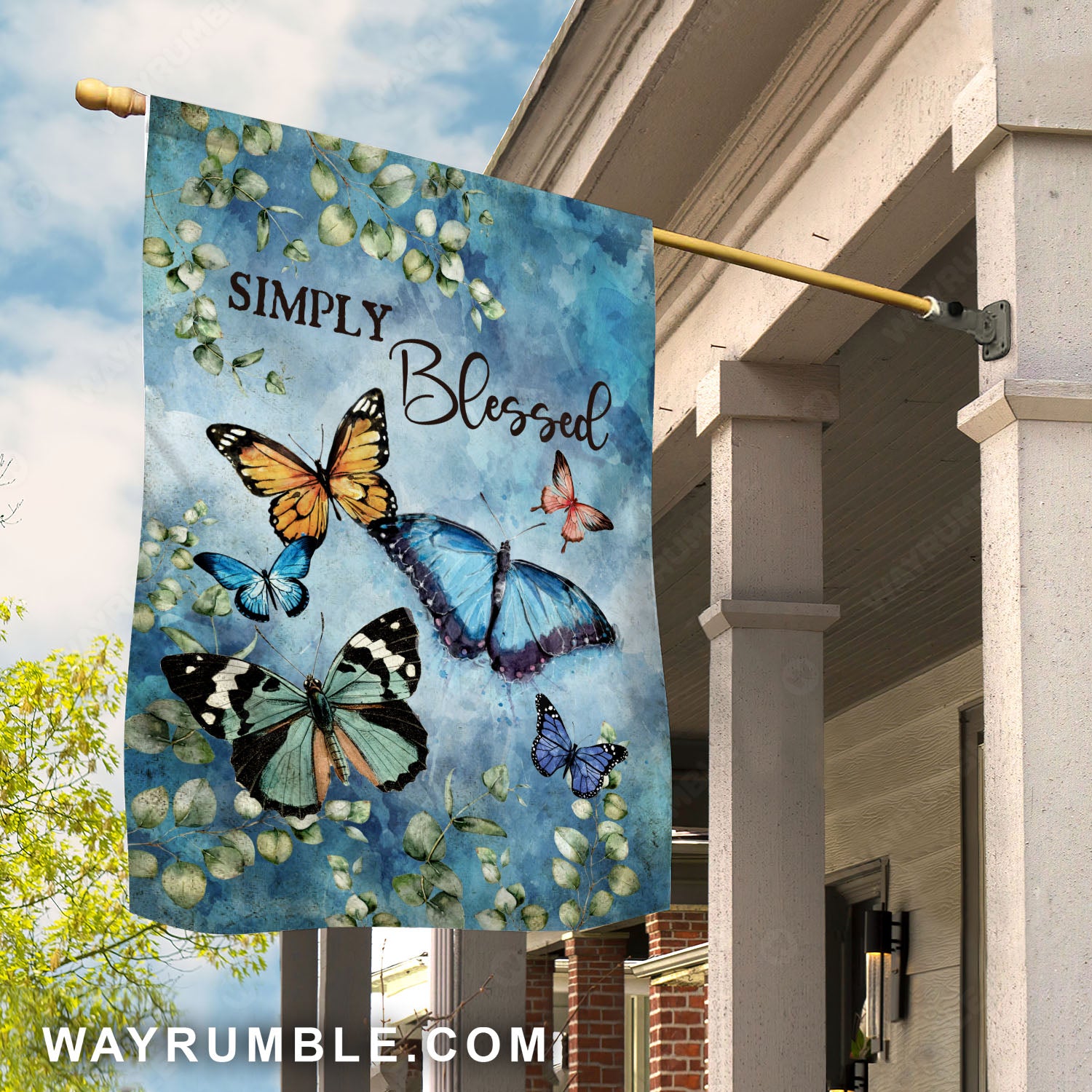 Beautiful butterflies, Green leave, Blue background, Simply blessed - Jesus Flag