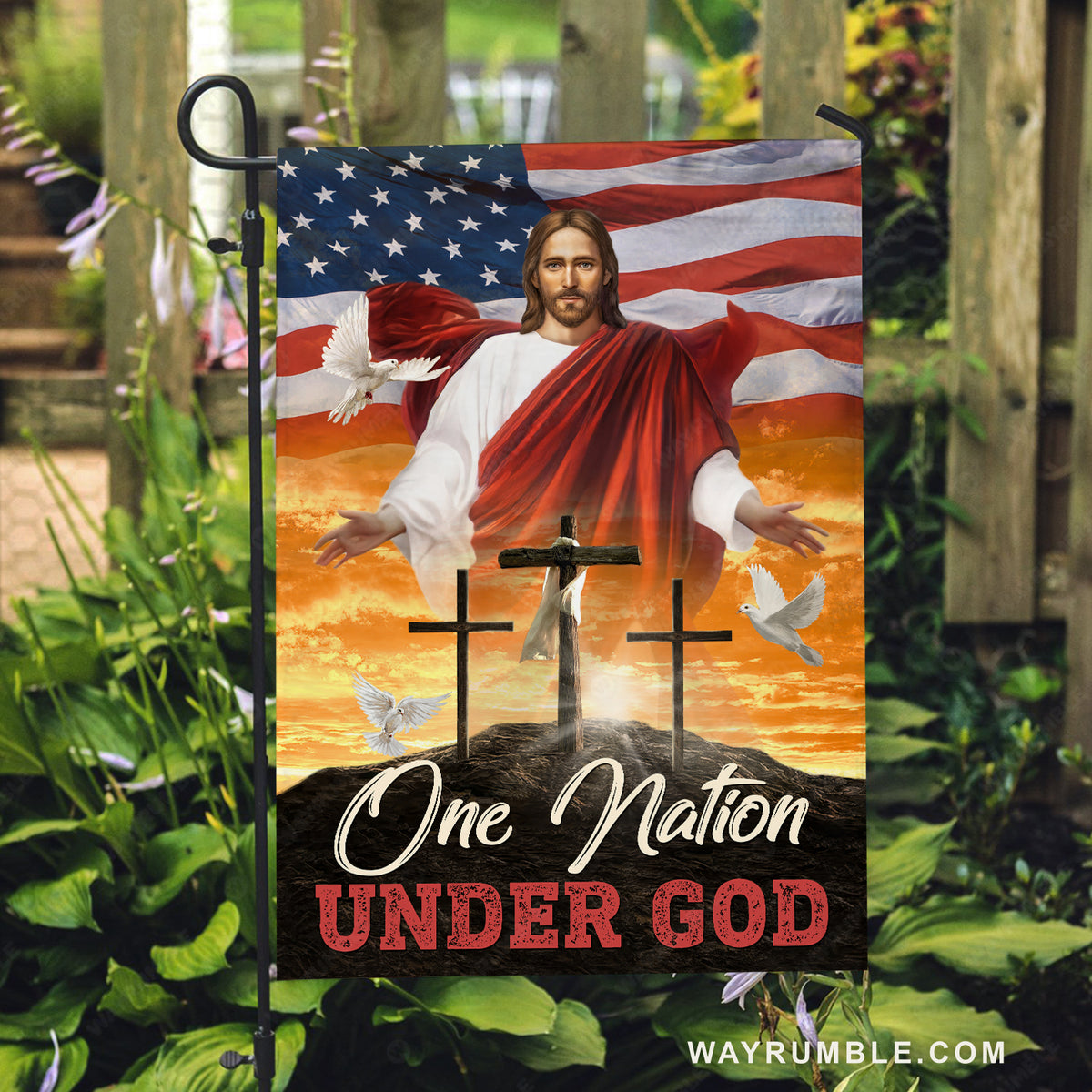 Orange sunset, Pretty dove, Stunning US flag, One nation under God - Jesus Flag