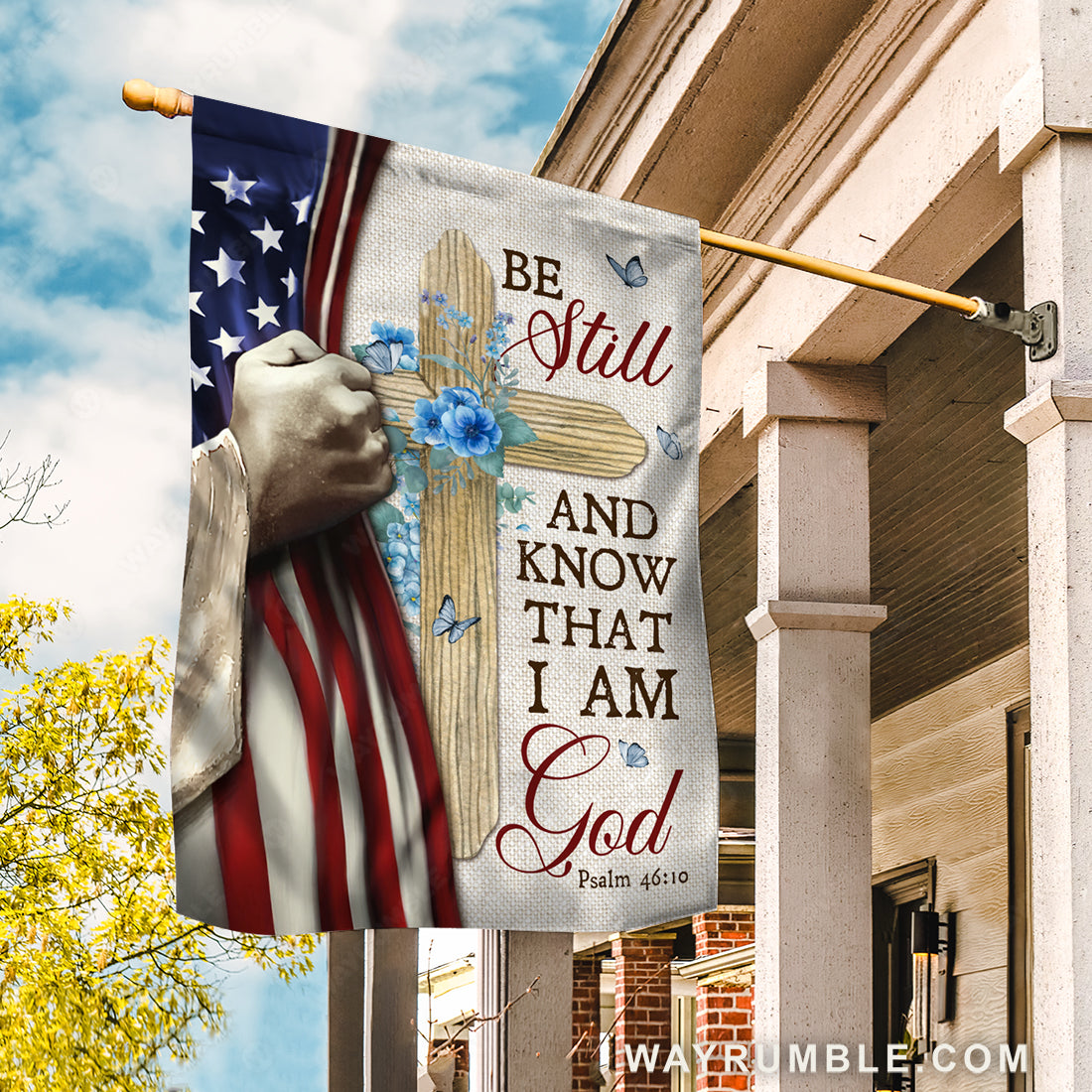 Blue hydrangea, Wooden cross, Jesus&#39;s hand, Be still and know that I am God - Jesus Flag