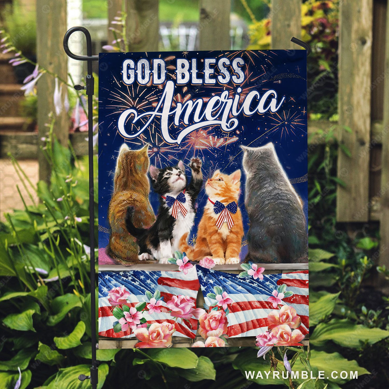 Little cat drawing, Brilliant firework, Pink rose, God bless America - Jesus Flag
