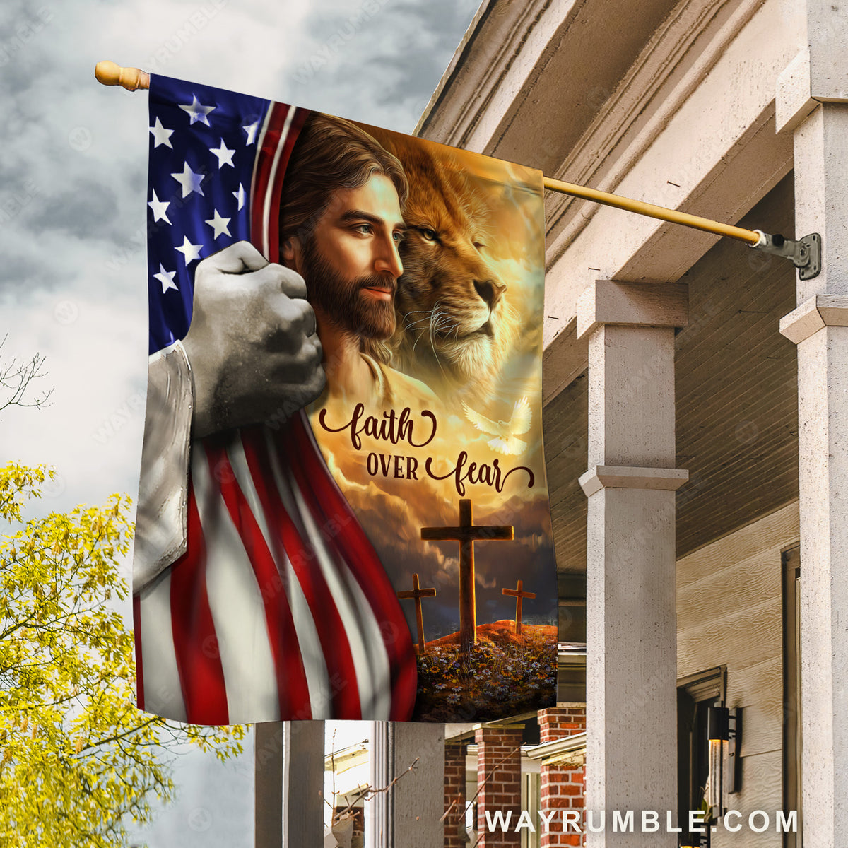 Amazing Jesus painting, Lion of Judah, Light cross, US flag, Faith over fear - Jesus Flag