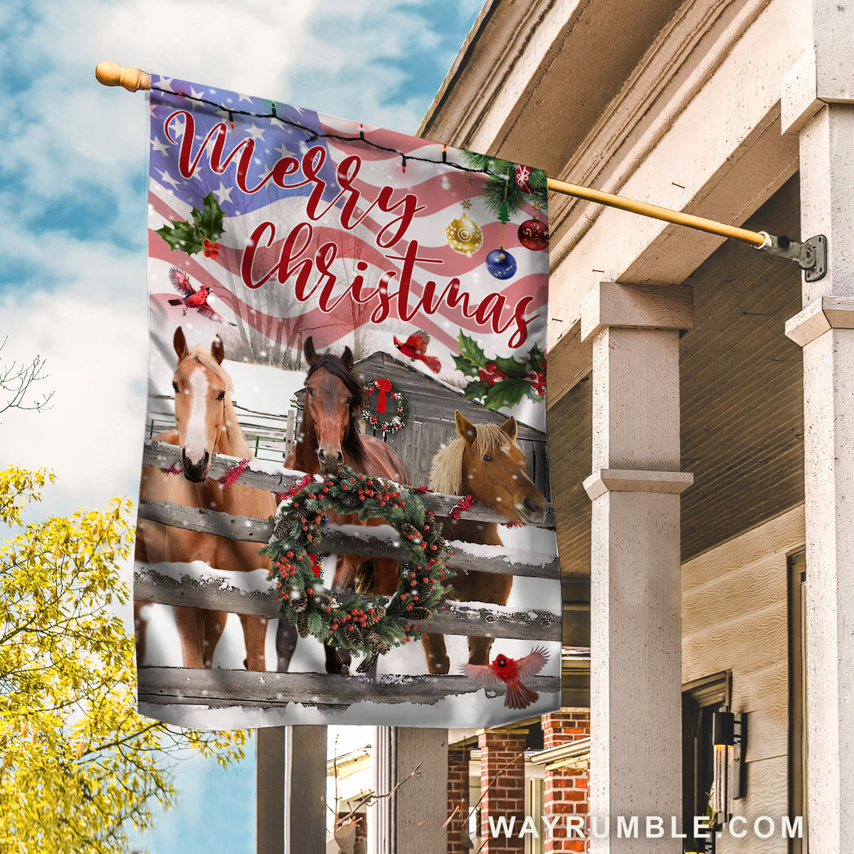 Lovely flag, Watercolor horse, Christmas wreath, US flag, Merry Christmas - Jesus Flag