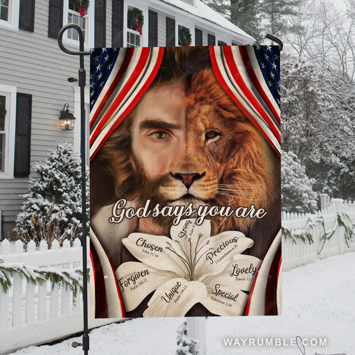 Vintage lily flower, Beautiful Jesus face, Lion of Judah, God says you are unique - Jesus Flag