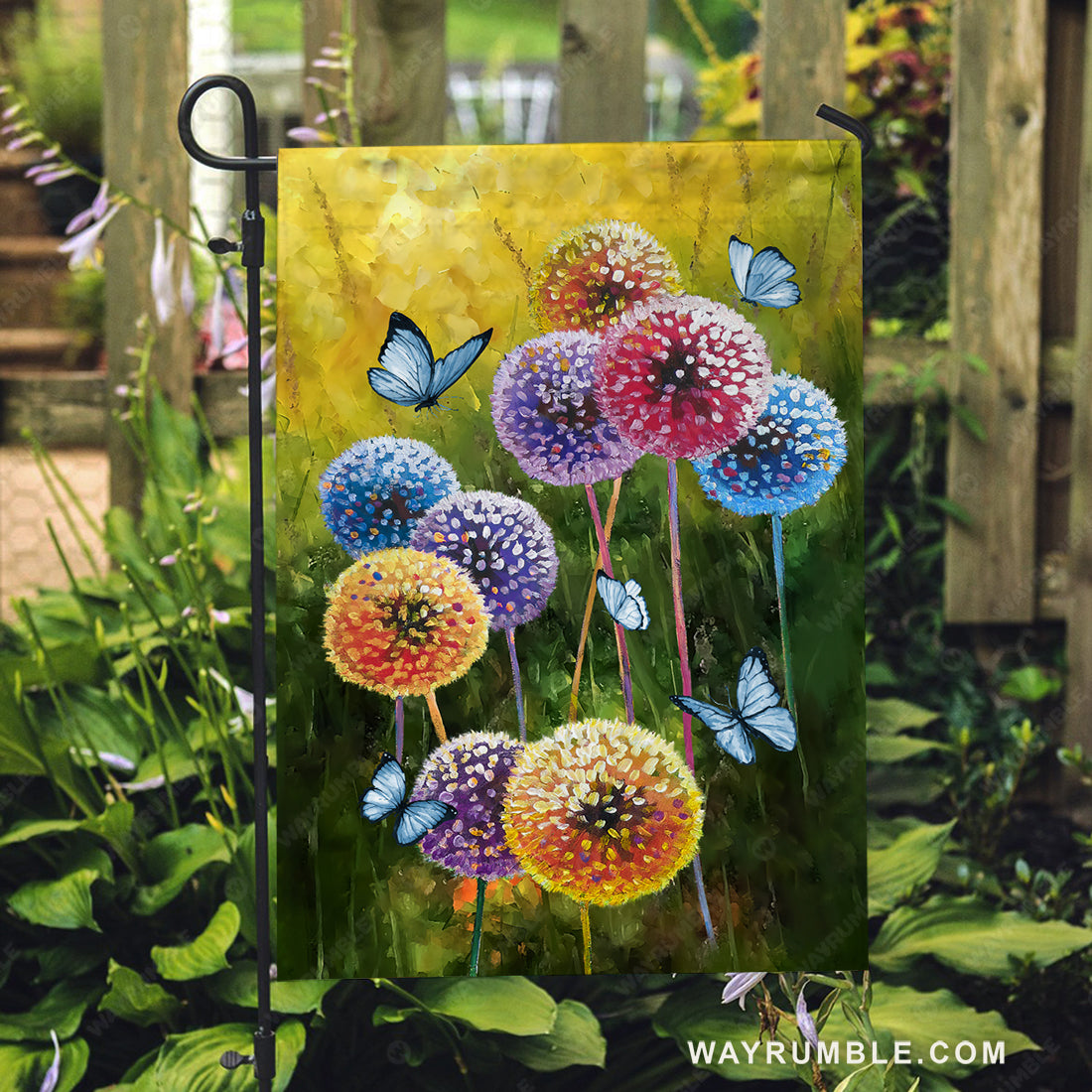 Colorful dandelion drawing, Blue butterfly, Meadow land - Jesus Flag