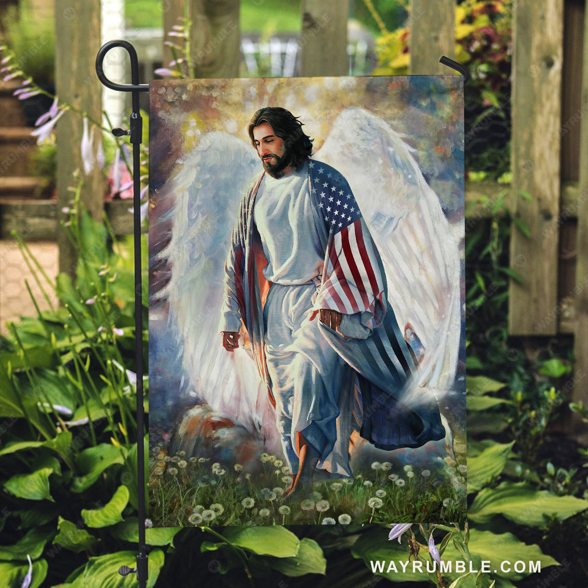 Walking with Jesus, Angel wings, Dandelion field, US flag - Jesus Flag