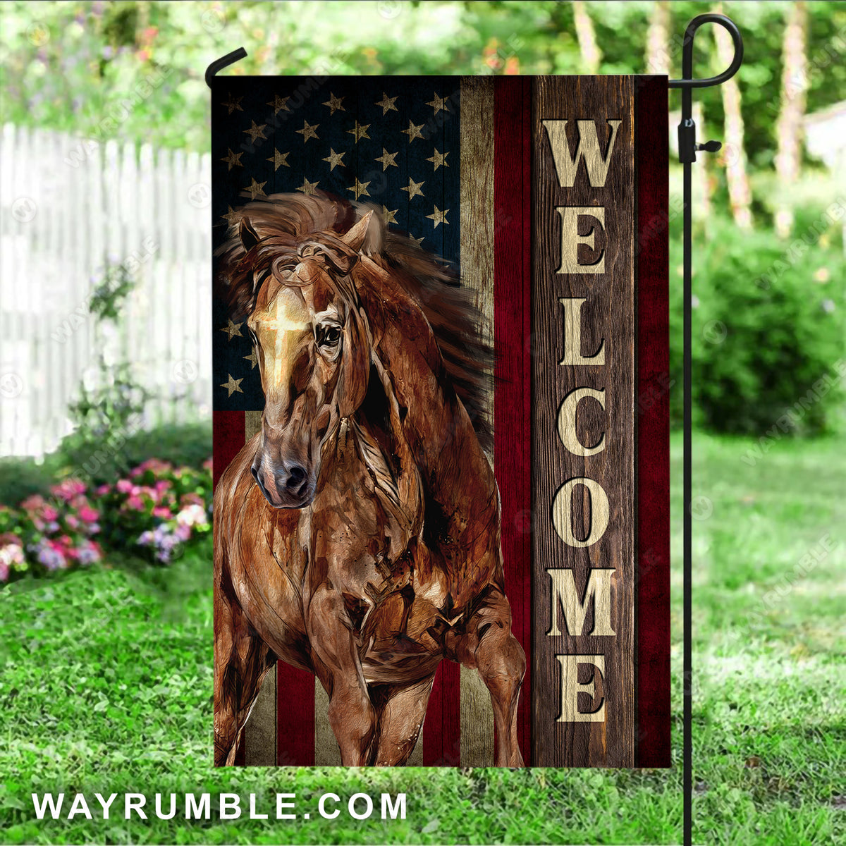 Running horse, Cross painting, US flag, Welcome - Jesus Flag