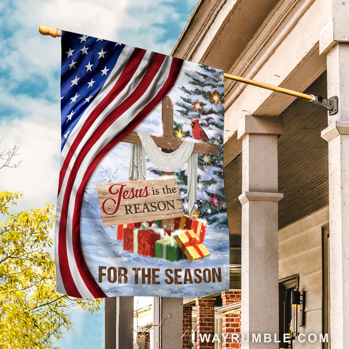 Christmas is coming, Winter forest, Wooden cross, Jesus is the reason for the season - Jesus Flag