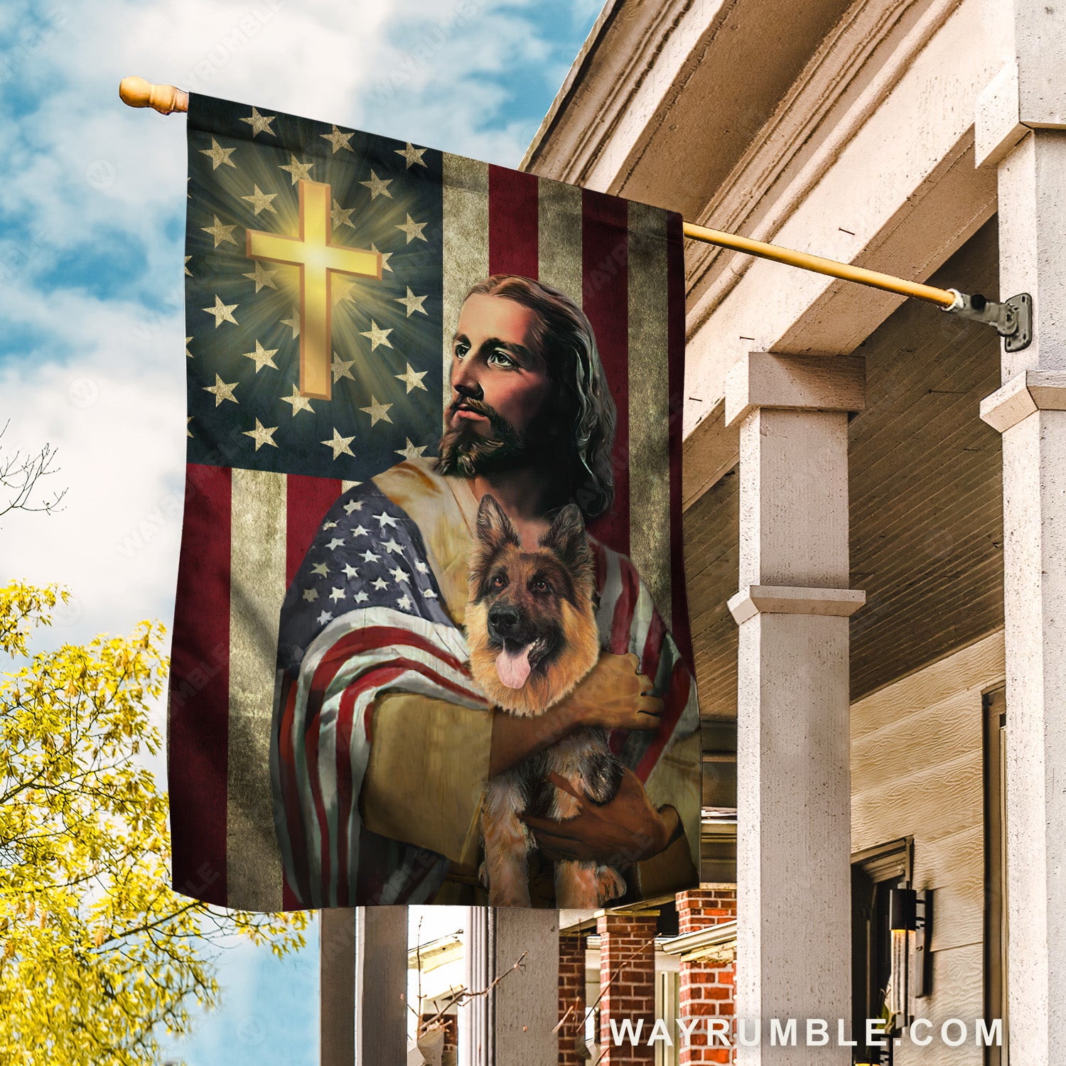 The real face of Jesus, German shepherd dog, Cross symbol, US flag - Jesus Flag