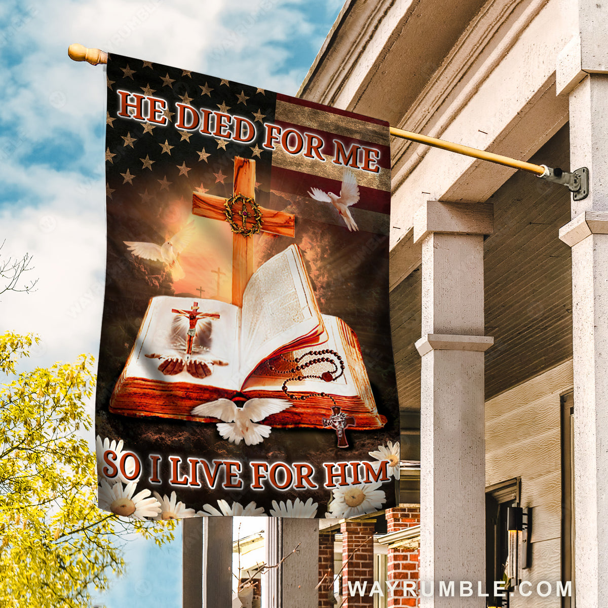 Antique bible, Cross symbol, Pretty dove, He died for me, So I live for him - Jesus Flag