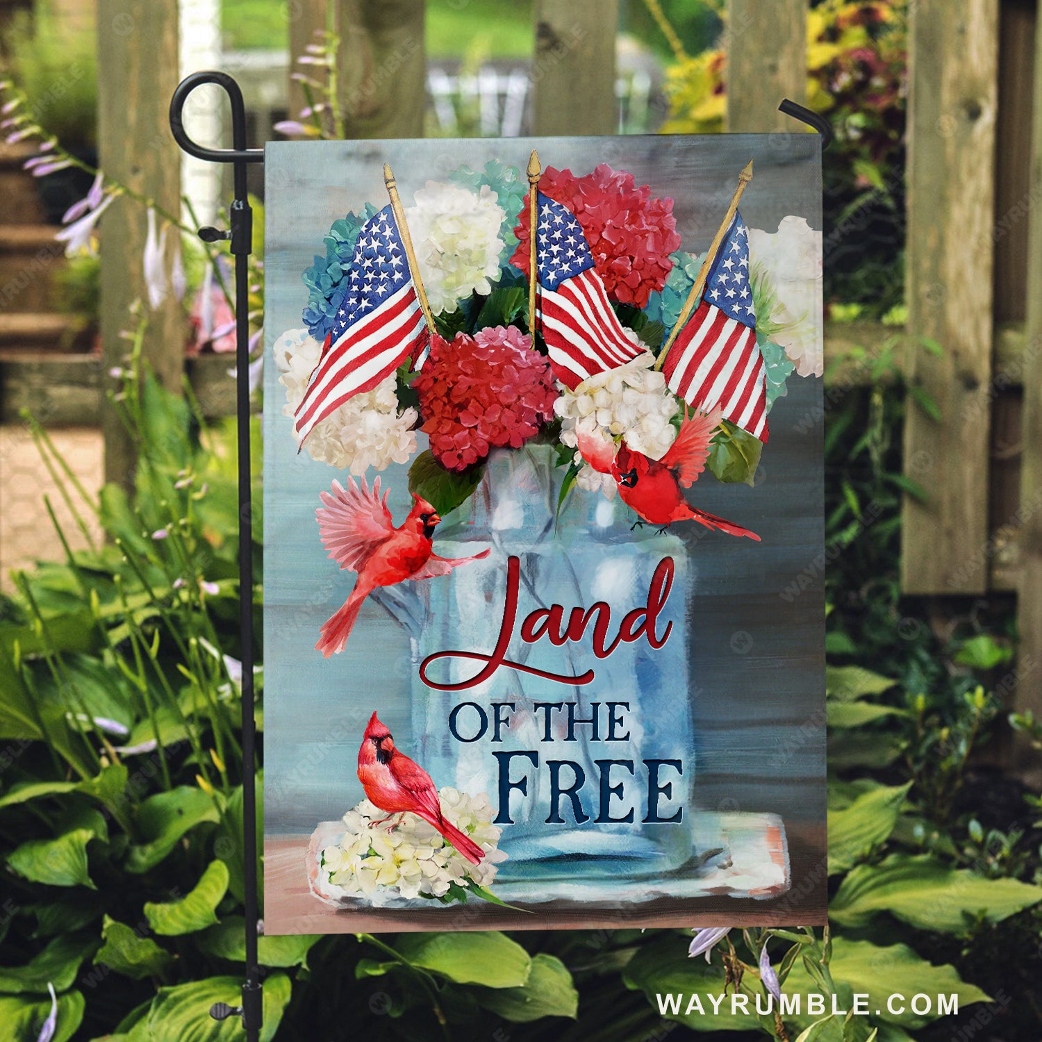 Colorful hydrangea, Lucky cardinal, Small US flag, Land of the free - Jesus Flag