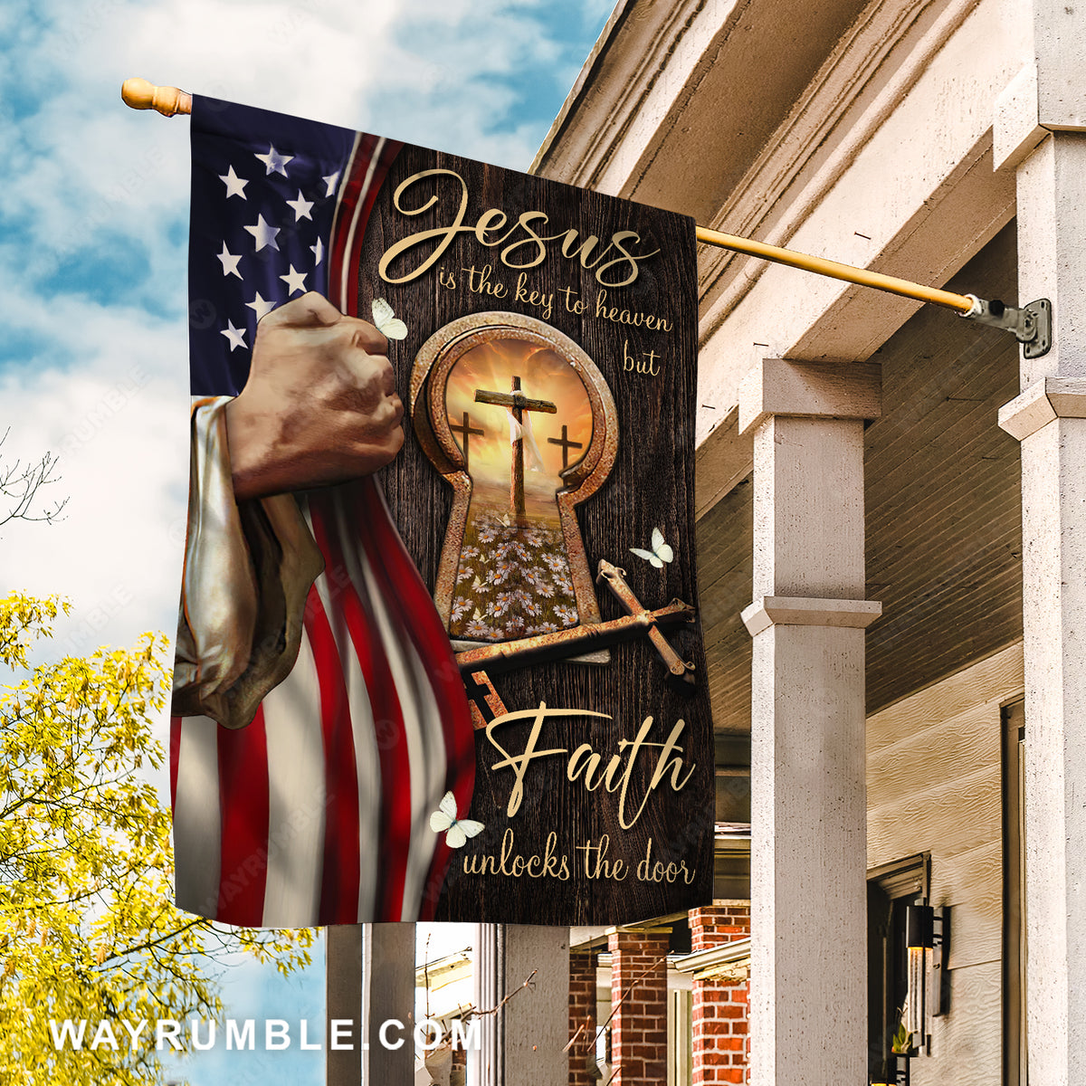 Beautiful US flag, Cross symbol, Golden key, Jesus is the key to heaven - Jesus Flag