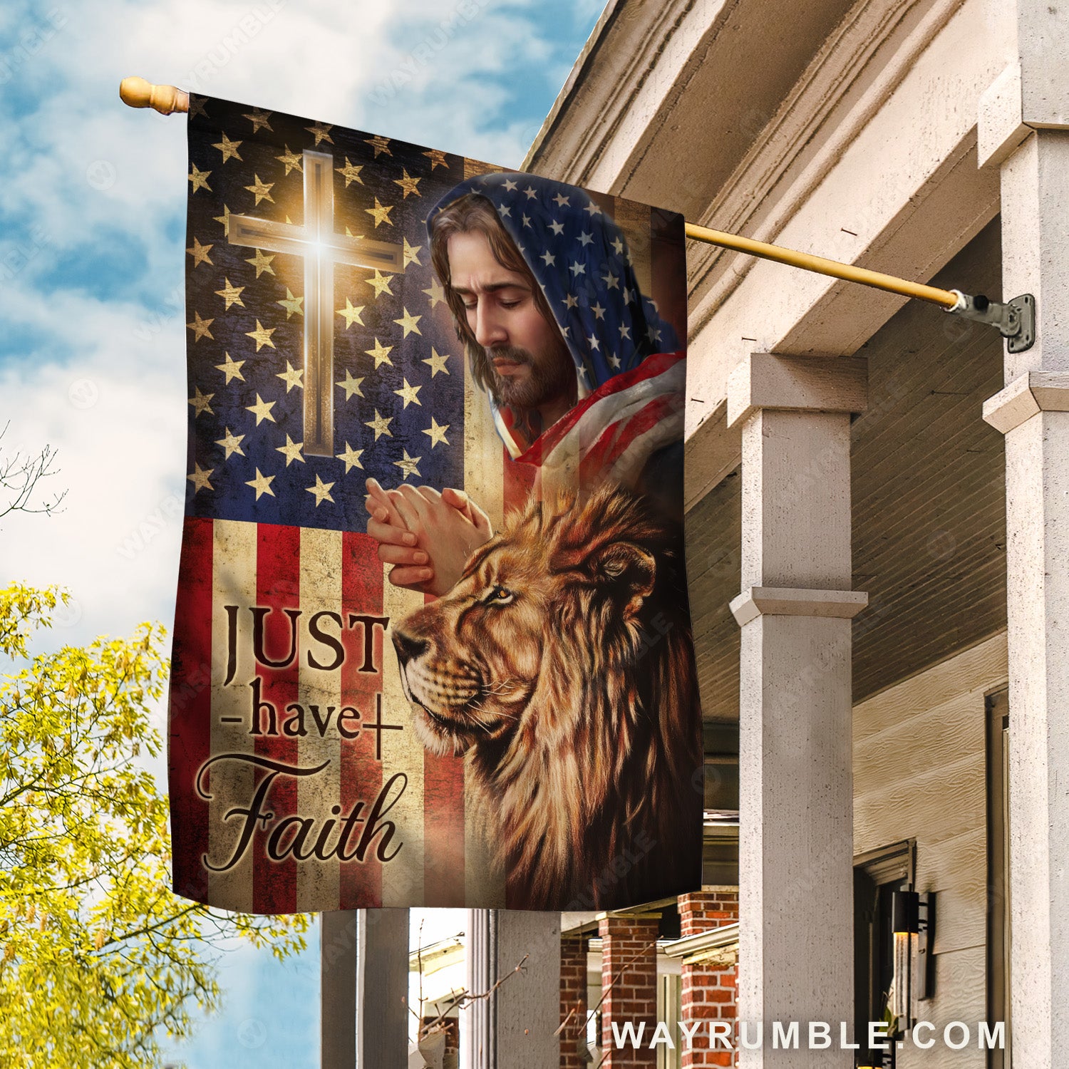 Jesus Christ, The Lion of Judah, Cross symbol, US flag, Just have faith - Jesus Flag