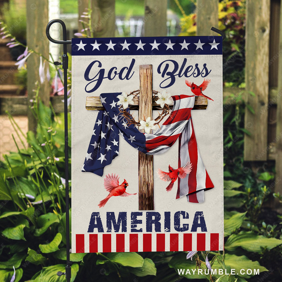 Lily flower wreath, Red cardinal, Cross symbol, God bless America - Jesus Flag
