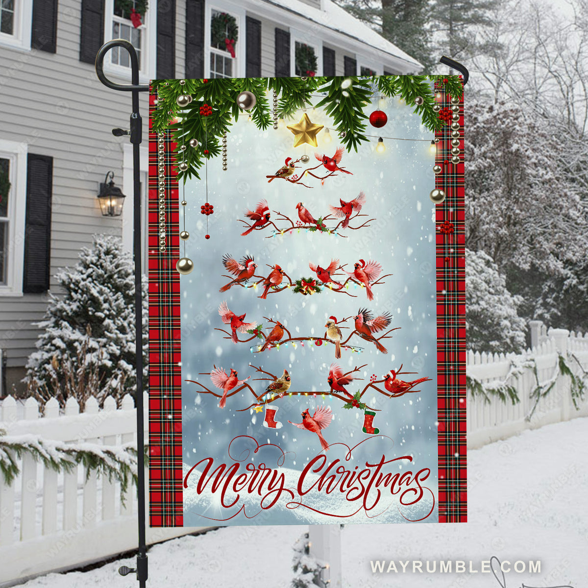 Unique Christmas tree, Beautiful cardinal, Winter forest, Merry Christmas - Jesus Flag