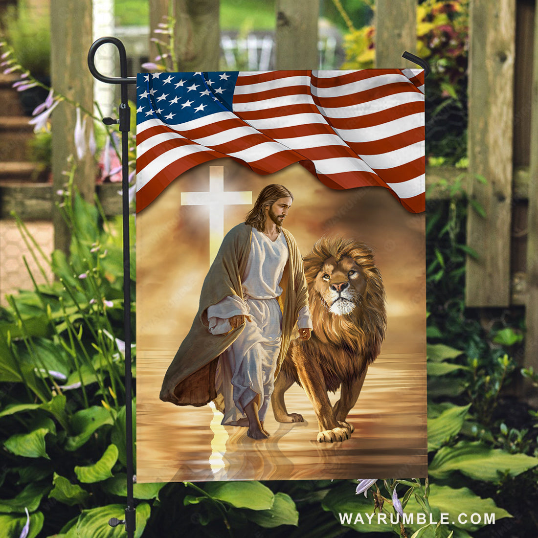 Watercolor lion, Infinite halo, US flag, White cross, Walking on water - Jesus Flag