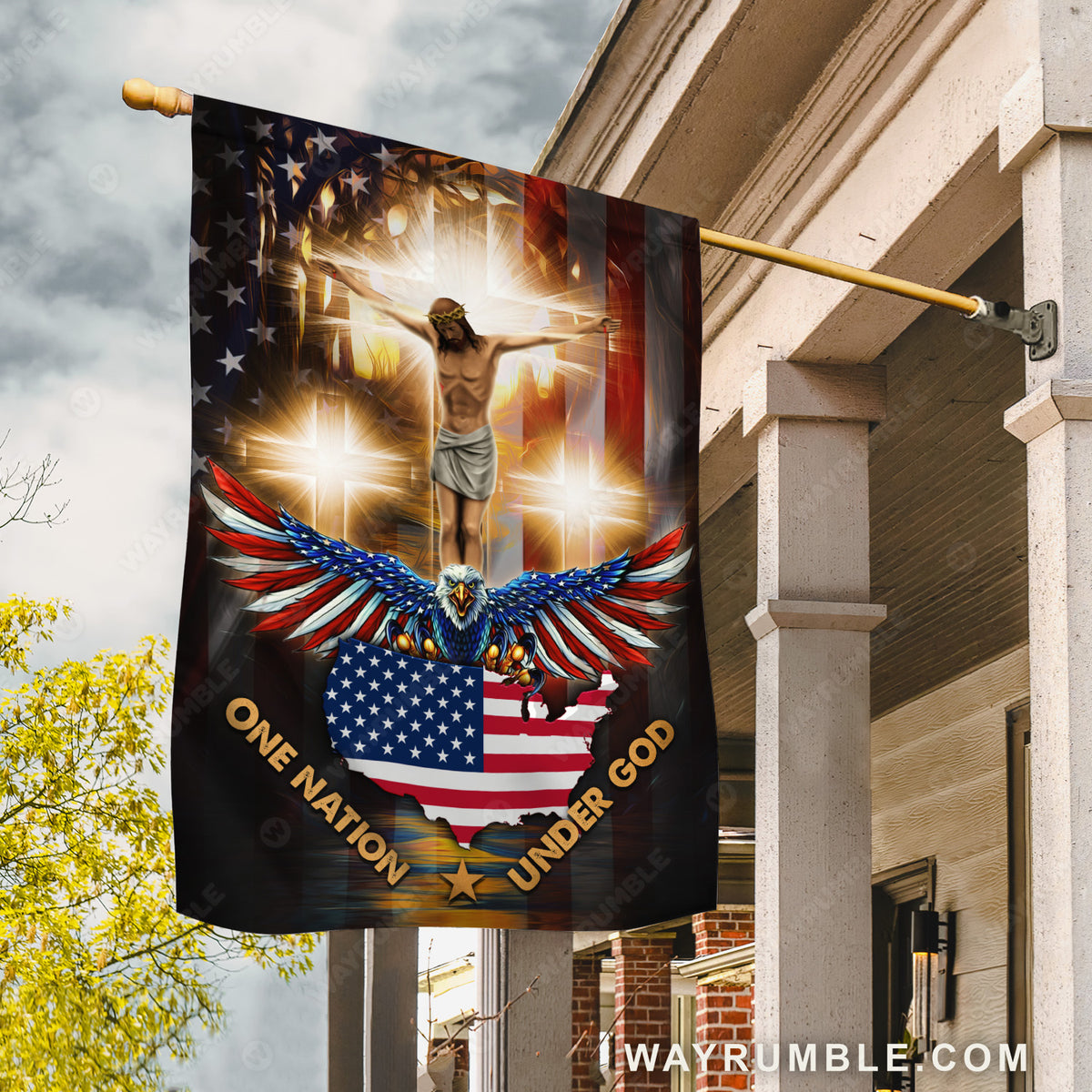 Jesus on the cross, Stunning eagle, US flag painting, One nation ...