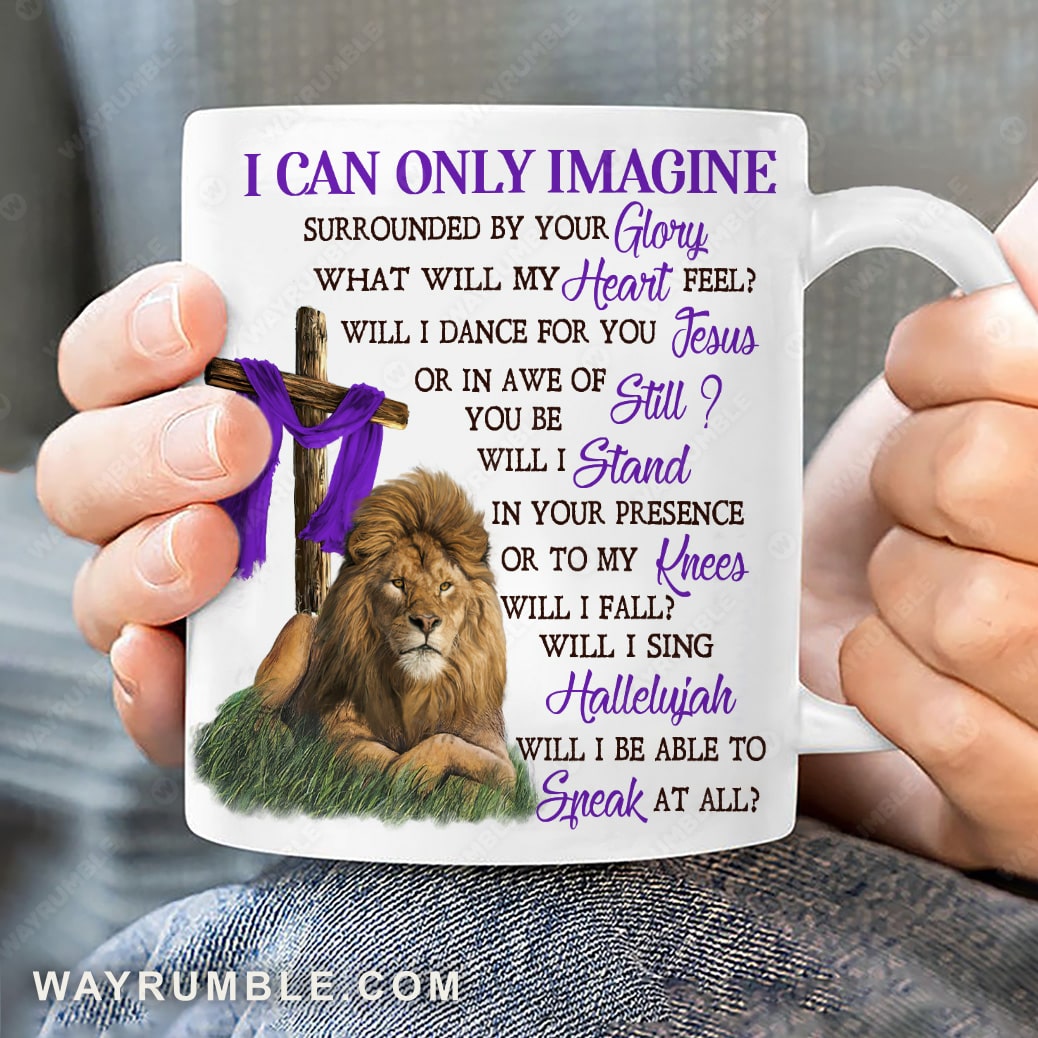 Lion king, Green meadow, Purple background, I can only imagine - Jesus White Mug