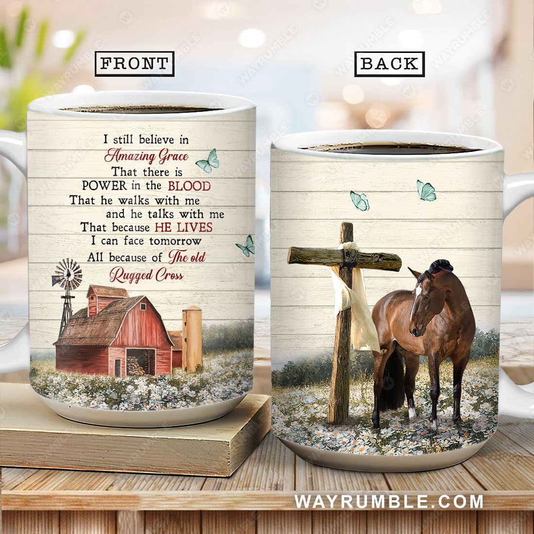 Brown horse, Wooden cross, Red house, Daisy field, I still believe in amazing grace - Jesus AOP Mug