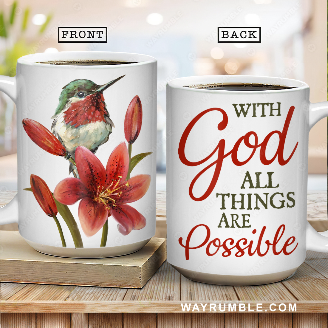 Cute hummingbird, Red lily flower, With God all things are possible- Jesus White Mug