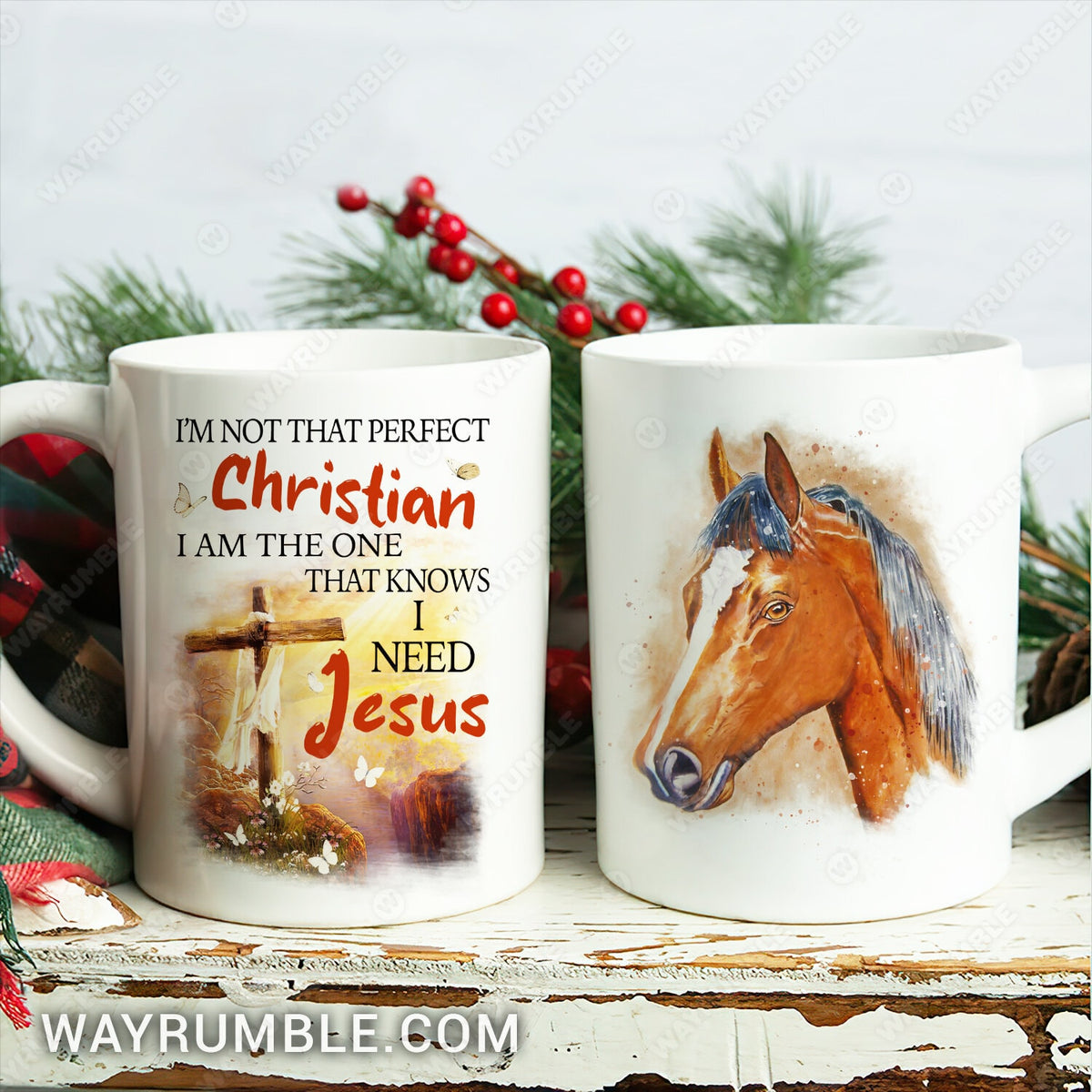 Wooden cross, Mountain peek, Horse drawing, I am the one that knows I need Jesus - Jesus White Mug