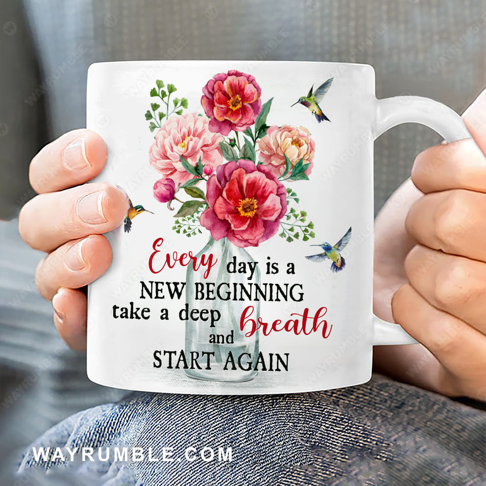 Pink poppy, Crystal vase, Colorful hummingbird, Every day is a new beginning - Jesus White Mug
