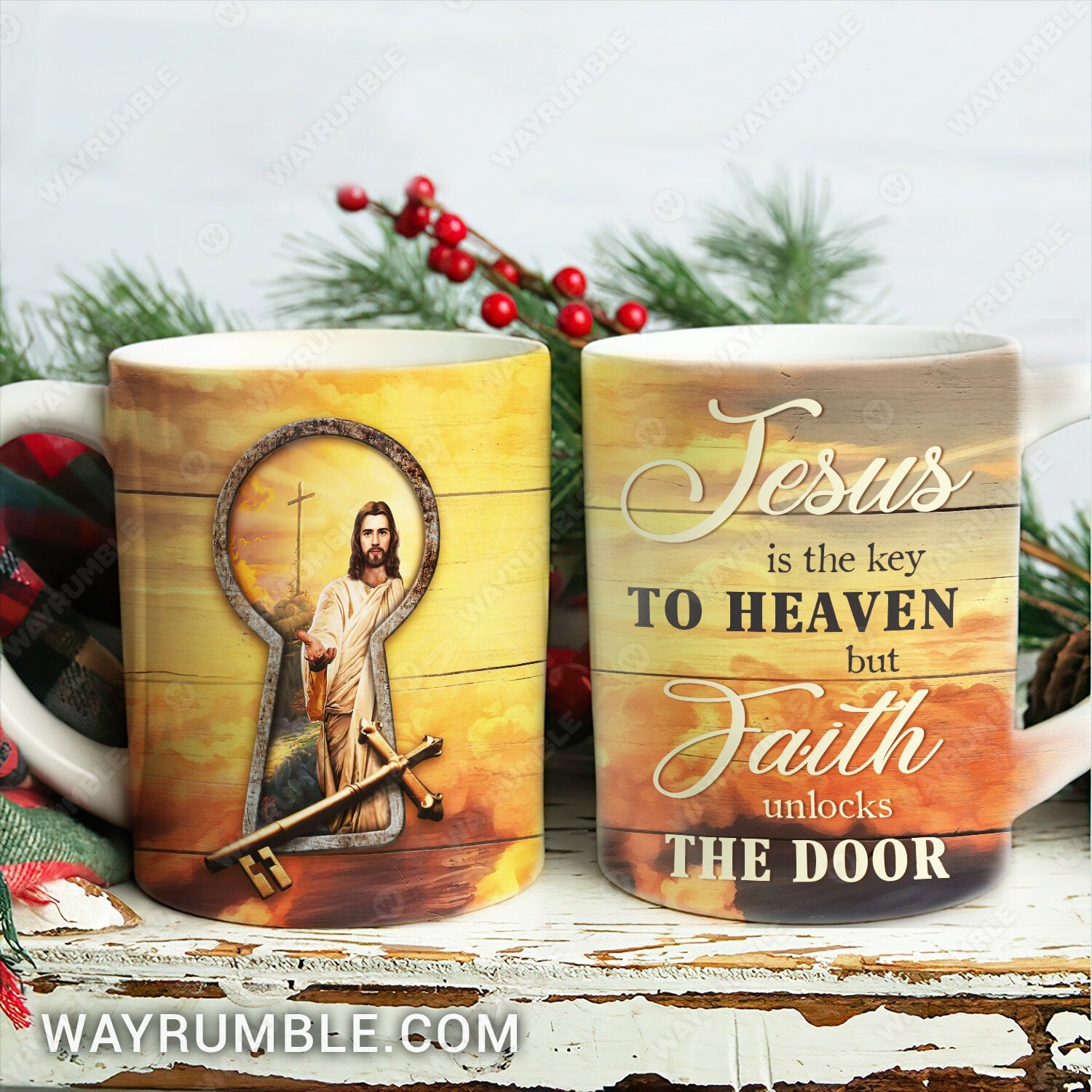 Jesus painting, Golden lock, Jesus is the key to heaven but faith unlocks the door - Jesus AOP Mug