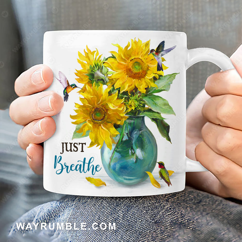 Watercolor sunflower, Blue crystal vase, Colorful hummingbird, Just breathe - Jesus White Mug