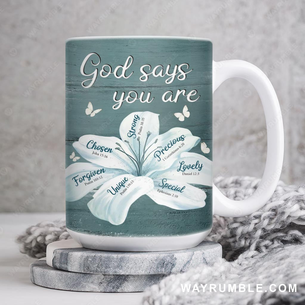 White lily flowers, God says you are - Jesus, Flower painting, AOP Mug