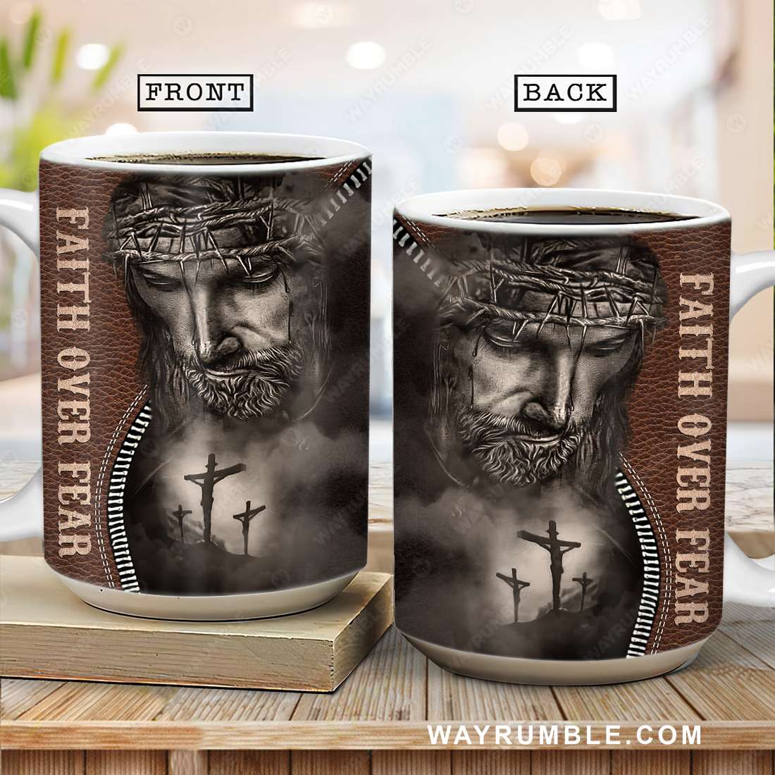 Jesus painting, Leather pattern, Faith over fear - Jesus AOP Mug