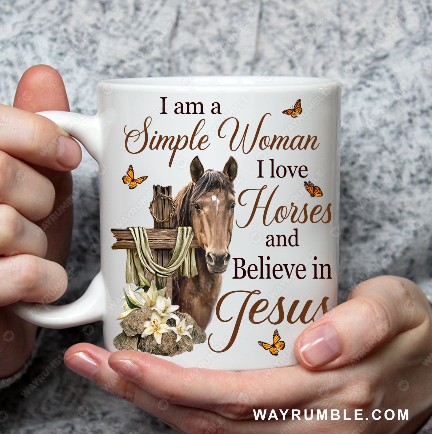 Brown horse, Cross symbol, Lily flower, I am a simple woman - Jesus White Mug