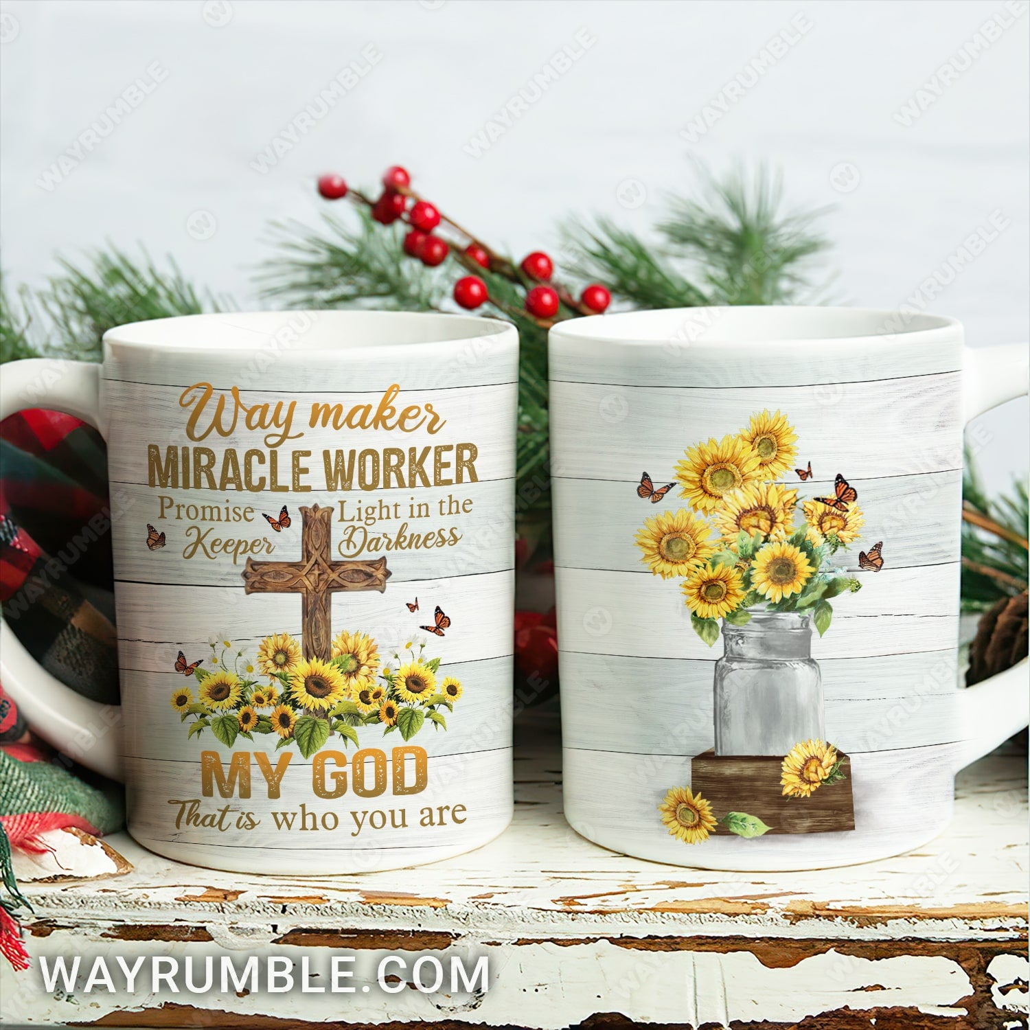 Sunflower, Wooden cross, My God is the light in the darkness - Jesus AOP Mug