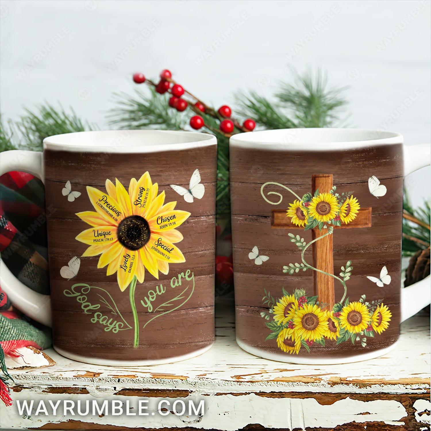 Sunflower painting, Wooden background, God says you are - Jesus AOP Mug 