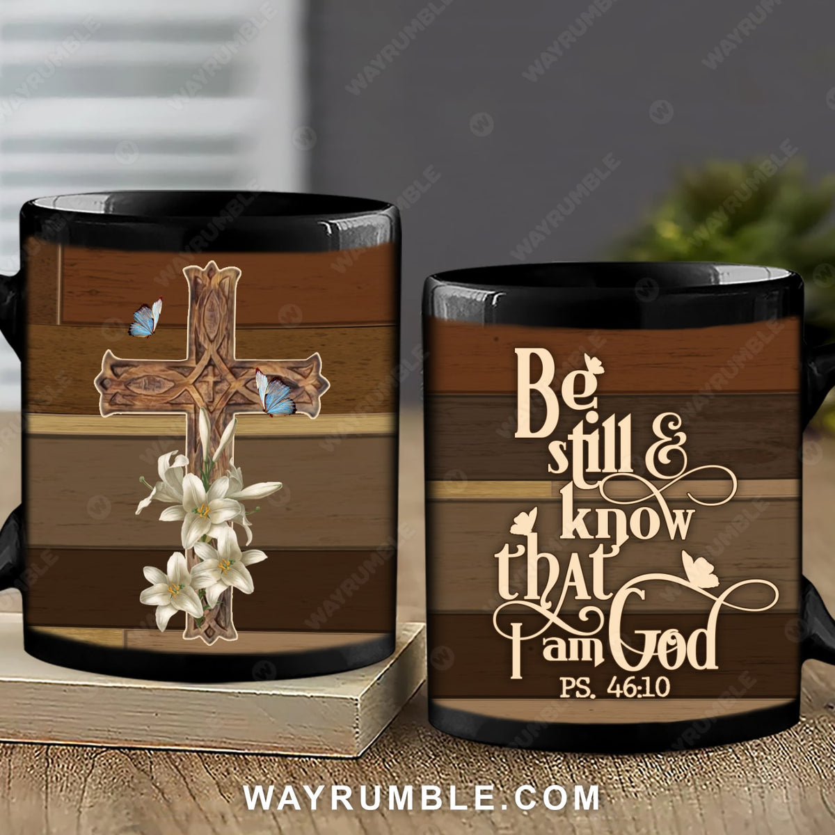 Cross and Lily flowers, Be still and know that I am God - Jesus Black Mug