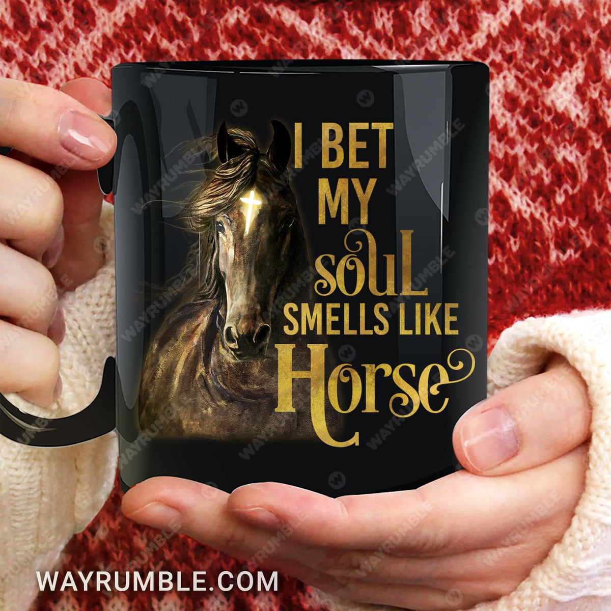 Cross light on Horse, I bet my soul smells like horse - Jesus Black Mug