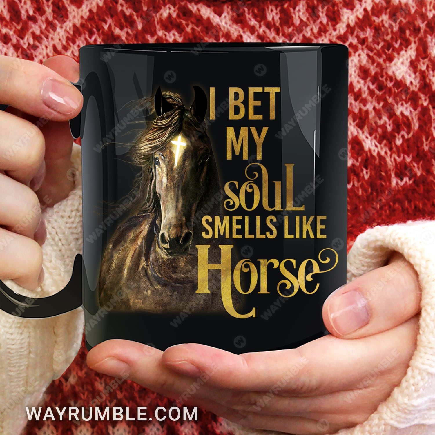 Cross light on Horse, I bet my soul smells like horse - Jesus Black Mug