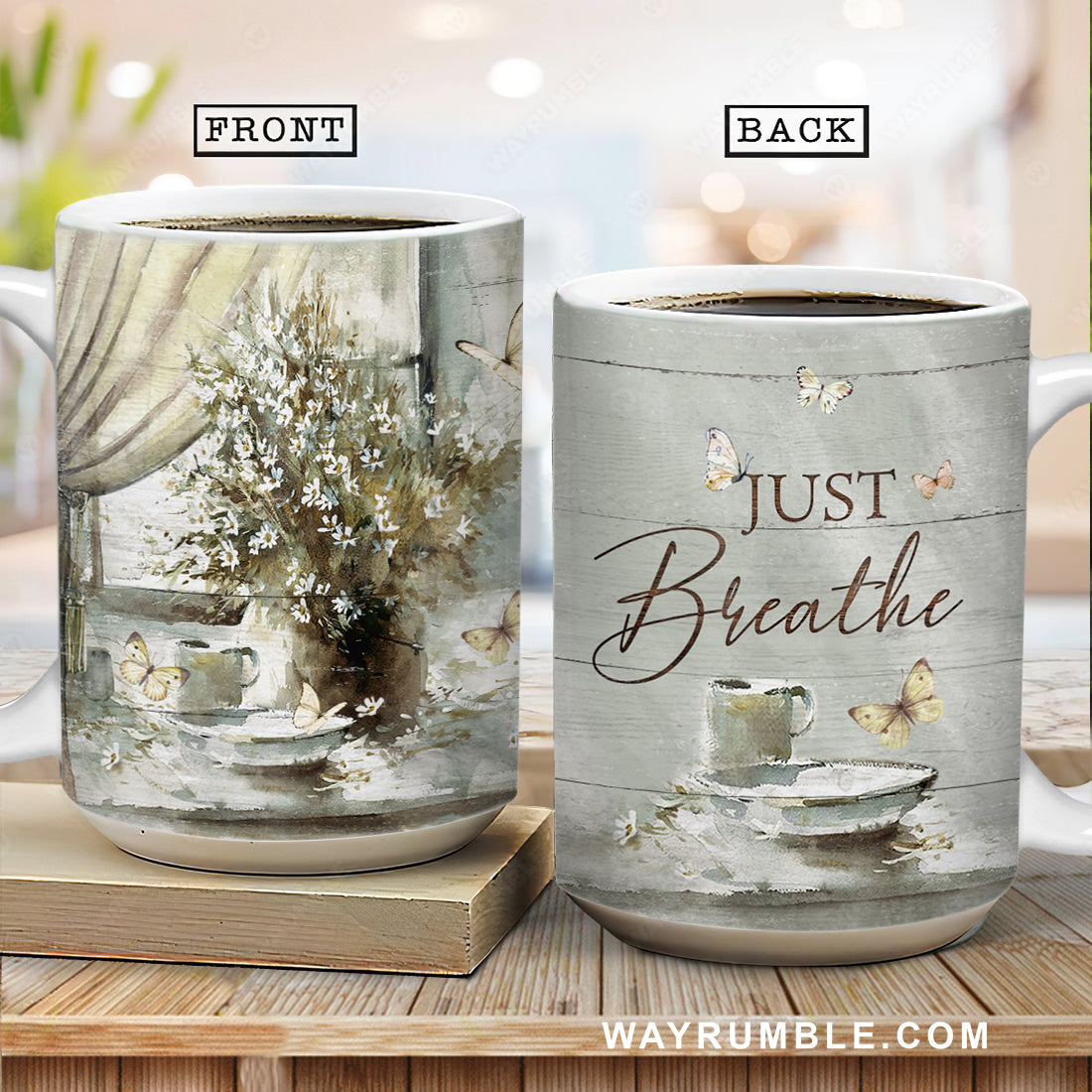 Flower painting, Flower vase by the window, Vintage painting, Just breathe - Jesus, Still arts, AOP Mug