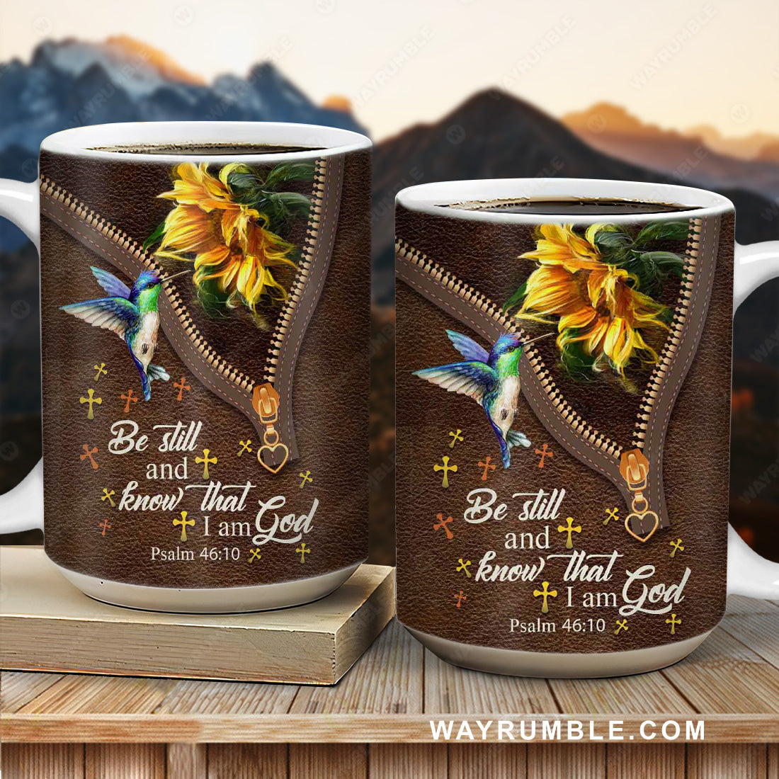 Watercolor sunflower, Colorful hummingbird, Be still and know that I am God - Jesus AOP Mug