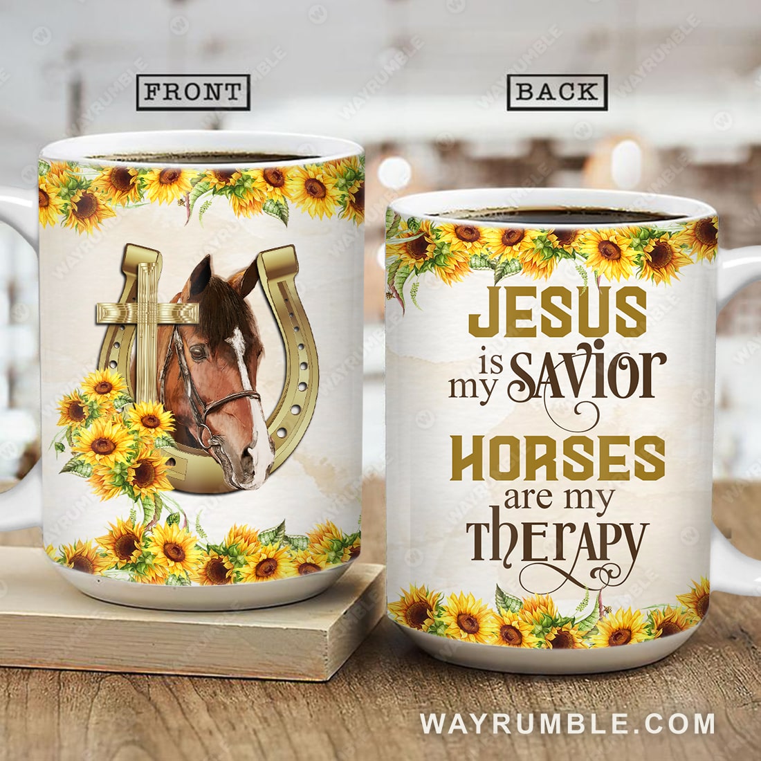 Horse painting, Sunflower, Jesus is my savior, Horses are my therapy - Jesus AOP Mug