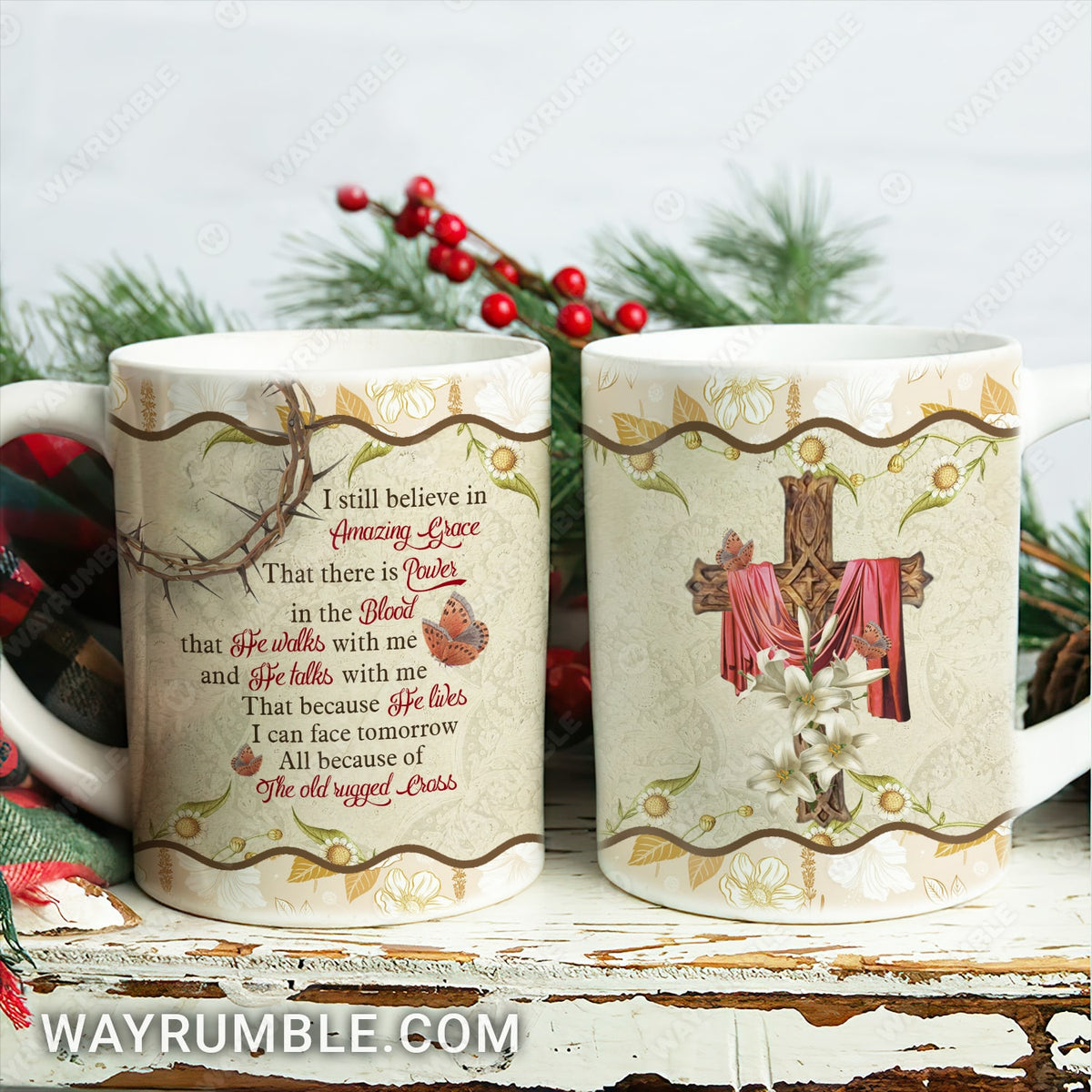 Vintage pattern, The wooden cross, Lily flowers, I still believe in amazing grace - Jesus AOP Mug 