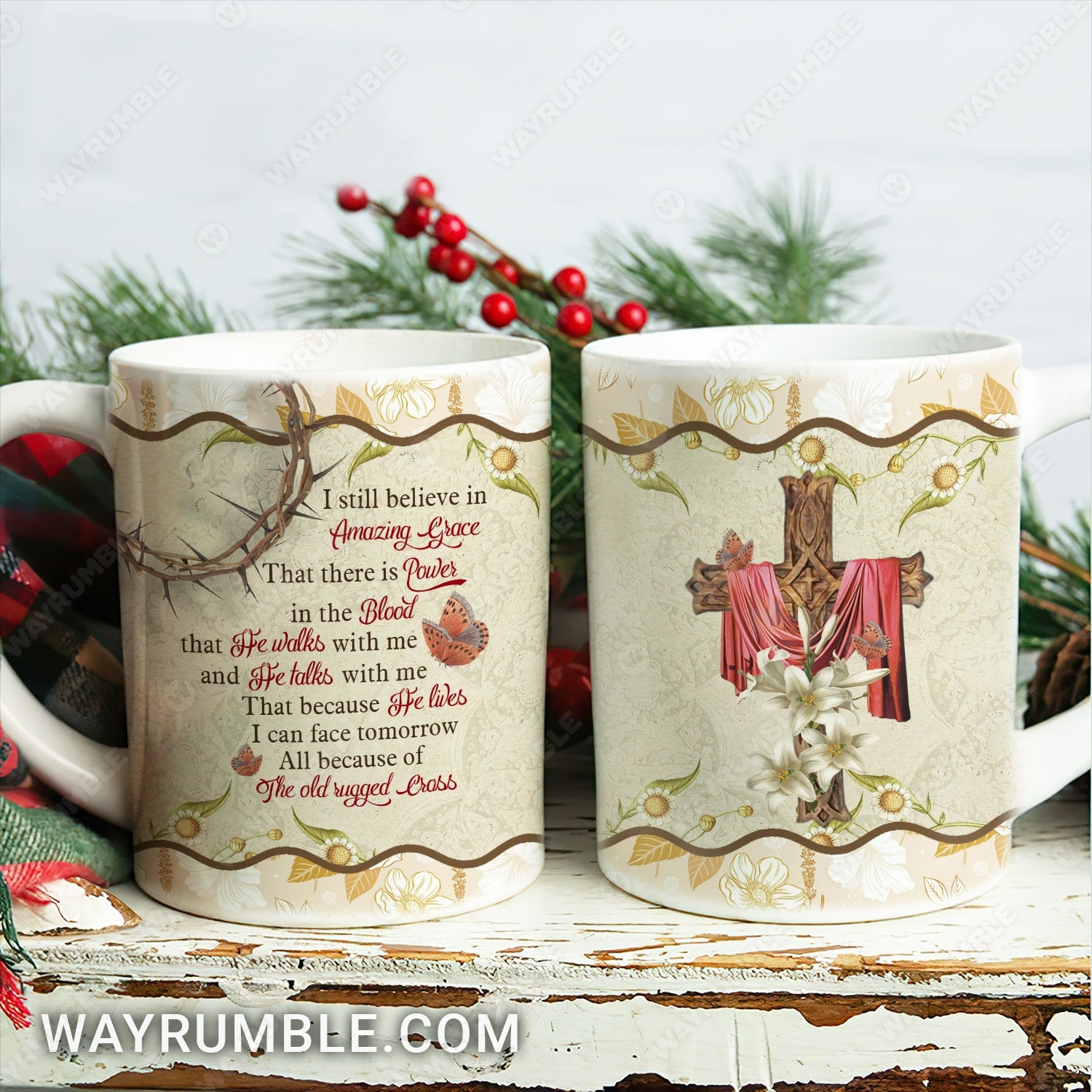 Vintage pattern, The wooden cross, Lily flowers, I still believe in amazing grace - Jesus AOP Mug 